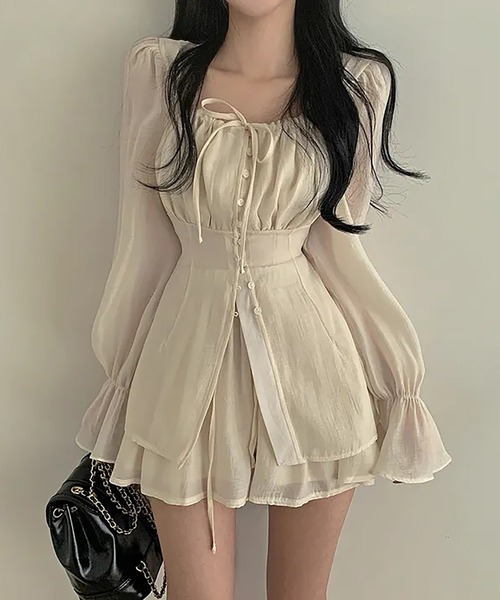 Girly Doll(ガーリードール)の「【セットアップ】ギャザーリボンフレアブラウス&ミニスカート 上下2点セット(セットアップ・レディース・グリーン/ベージュ/ブラック・FREE)」の4枚目の写真