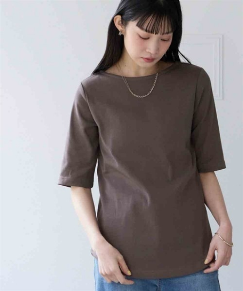 nissen(ニッセン)の「UVカット綿100%フライス素材ボートネック5分袖Tシャツ<大きいサイズ有>(Tシャツ/カットソー・レディース・グリーン/ピンク/ブラック/オフホワイト/グレー系/ブルー・S/M/L/LL/3L)」の3枚目の写真