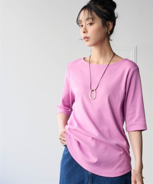 nissen(ニッセン)の「UVカット綿100%フライス素材ボートネック5分袖Tシャツ<大きいサイズ有>(Tシャツ/カットソー・レディース・グリーン/ピンク/ブラック/オフホワイト/グレー系/ブルー・S/M/L/LL/3L)」の6枚目の写真