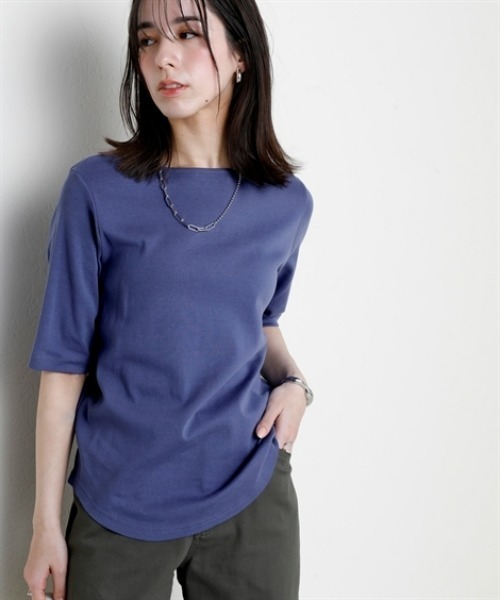 nissen(ニッセン)の「UVカット綿100%フライス素材ボートネック5分袖Tシャツ<大きいサイズ有>(Tシャツ/カットソー・レディース・グリーン/ピンク/ブラック/オフホワイト/グレー系/ブルー・S/M/L/LL/3L)」の5枚目の写真