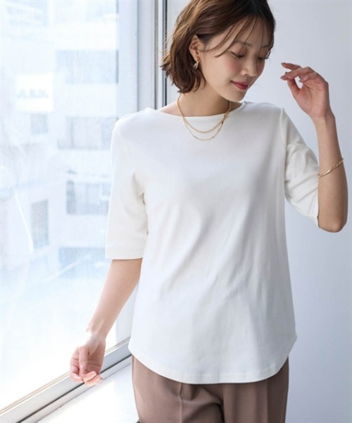 nissen(ニッセン)の「UVカット綿100%フライス素材ボートネック5分袖Tシャツ<大きいサイズ有>(Tシャツ/カットソー・レディース・グリーン/ピンク/ブラック/オフホワイト/グレー系/ブルー・S/M/L/LL/3L)」の14枚目の写真