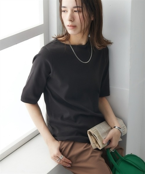 nissen(ニッセン)の「UVカット綿100%フライス素材ボートネック5分袖Tシャツ<大きいサイズ有>(Tシャツ/カットソー・レディース・グリーン/ピンク/ブラック/オフホワイト/グレー系/ブルー・S/M/L/LL/3L)」の11枚目の写真