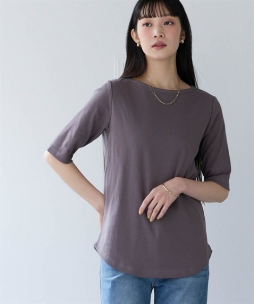 nissen(ニッセン)の「UVカット綿100%フライス素材ボートネック5分袖Tシャツ<大きいサイズ有>(Tシャツ/カットソー・レディース・グリーン/ピンク/ブラック/オフホワイト/グレー系/ブルー・S/M/L/LL/3L)」の9枚目の写真