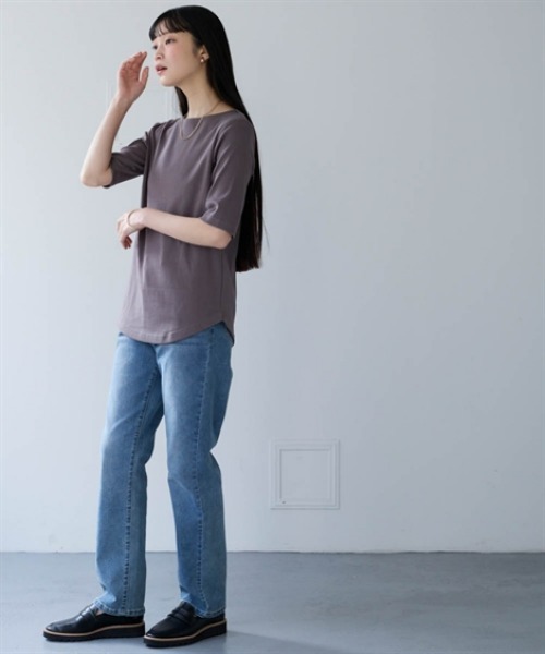 nissen(ニッセン)の「UVカット綿100%フライス素材ボートネック5分袖Tシャツ<大きいサイズ有>(Tシャツ/カットソー・レディース・グリーン/ピンク/ブラック/オフホワイト/グレー系/ブルー・S/M/L/LL/3L)」の8枚目の写真