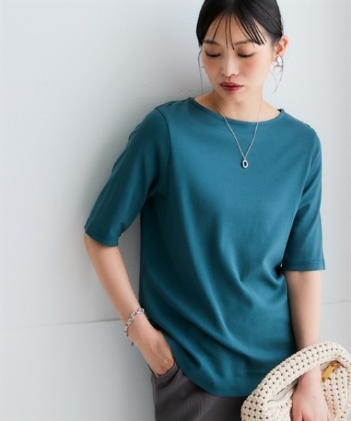 nissen(ニッセン)の「UVカット綿100%フライス素材ボートネック5分袖Tシャツ<大きいサイズ有>(Tシャツ/カットソー・レディース・グリーン/ピンク/ブラック/オフホワイト/グレー系/ブルー・S/M/L/LL/3L)」の19枚目の写真