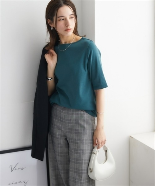 nissen(ニッセン)の「UVカット綿100%フライス素材ボートネック5分袖Tシャツ<大きいサイズ有>(Tシャツ/カットソー・レディース・グリーン/ピンク/ブラック/オフホワイト/グレー系/ブルー・S/M/L/LL/3L)」の18枚目の写真