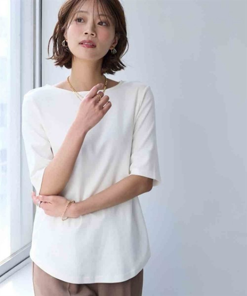 nissen(ニッセン)の「UVカット綿100%フライス素材ボートネック5分袖Tシャツ<大きいサイズ有>(Tシャツ/カットソー・レディース・グリーン/ピンク/ブラック/オフホワイト/グレー系/ブルー・S/M/L/LL/3L)」の13枚目の写真