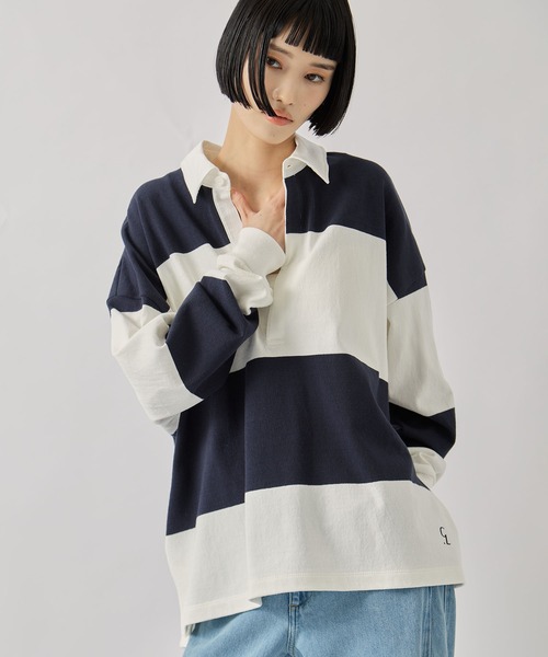 カットソー(長袖/七分) clane DEEP NECK WIDE RUGBY SHIRT CLANE/クラネ】DEEP NECK WIDE RUGBY SHIRTS/ディープネックワイド