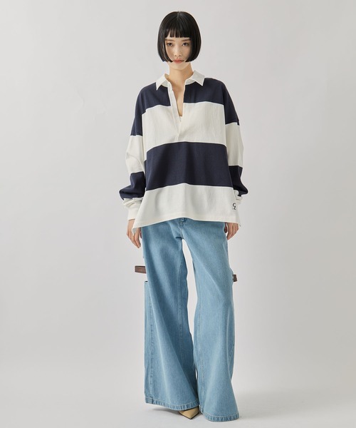 CLANE（クラネ）の「【CLANE/クラネ】DEEP NECK WIDE RUGBY SHIRTS/ディープネックワイドラグビーシャツ（シャツ/ブラウス・レディース・ネイビー/グレー・1）」の18枚目の写真