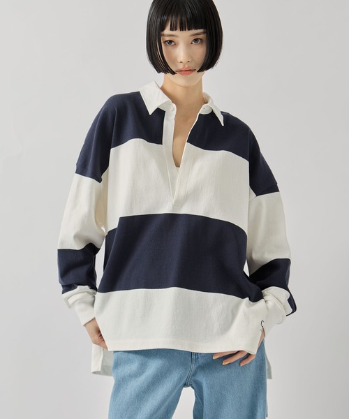 CLANE（クラネ）の「【CLANE/クラネ】DEEP NECK WIDE RUGBY SHIRTS/ディープネックワイドラグビーシャツ（シャツ/ブラウス・レディース・ネイビー/グレー・1）」の21枚目の写真