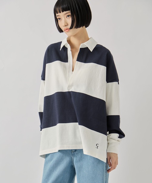 CLANE（クラネ）の「【CLANE/クラネ】DEEP NECK WIDE RUGBY SHIRTS/ディープネックワイドラグビーシャツ（シャツ/ブラウス・レディース・ネイビー/グレー・1）」の22枚目の写真