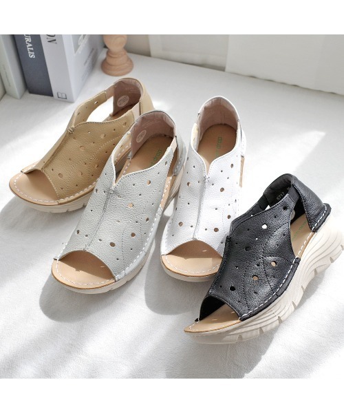 Pointer（shoes）（ポインター）の「【本革・軽量】ウエッジソール クッション パンチング サンダル（サンダル・レディース・ブラック/グレー系その他/ベージュ/ホワイト・S/M/LL/L）」の14枚目の写真