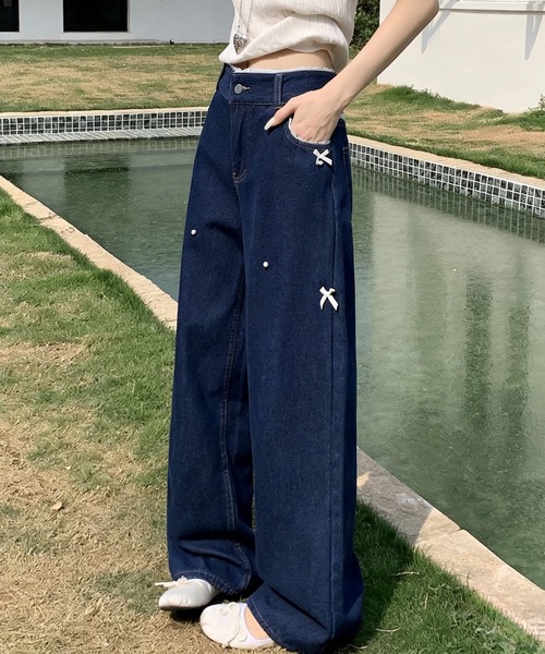 SHOUYO(ショウヨウ)の「リボンデザインが映えるルーズワイドデニムパンツ(デニムパンツ・レディース・ネイビー・M)」の6枚目の写真