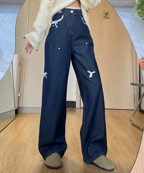 SHOUYO(ショウヨウ)の「リボンデザインが映えるルーズワイドデニムパンツ(デニムパンツ・レディース・ネイビー・M)」の8枚目の写真