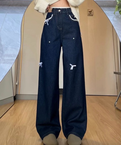 SHOUYO(ショウヨウ)の「リボンデザインが映えるルーズワイドデニムパンツ(デニムパンツ・レディース・ネイビー・M)」の10枚目の写真