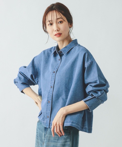 GLOBAL WORK（グローバルワーク）の「365日マイスタイルクロップドシャツ/655897（シャツ/ブラウス・レディース・ライトブルー/サックスブルー/グレイッシュベージュ/ライトイエロー・MEDIUM/LARGE）」の5枚目の写真