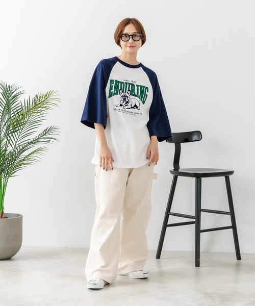 fort point(フォーポイント)の「【C-FORT POINT/フォートポイント】フレンチブルドッグプリント ラグランT 犬好き フレブル アニマル グラフィック バイカラー 配色 古着女子 ストリート(Tシャツ/カットソー・レディース・アイボリー/ブラウン/チャコールグレー/杢グレー・FREE)」の5枚目の写真