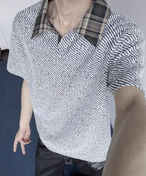 link lot(リンクロット)の「襟チェックカットベロアポロシャツ(ポロシャツ・メンズ・ホワイト/ブラック/グレー・M/L)」の4枚目の写真