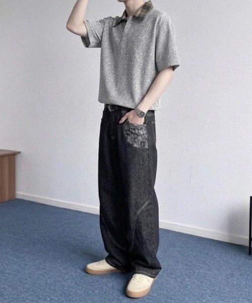 link lot(リンクロット)の「襟チェックカットベロアポロシャツ(ポロシャツ・メンズ・ホワイト/ブラック/グレー・M/L)」の8枚目の写真