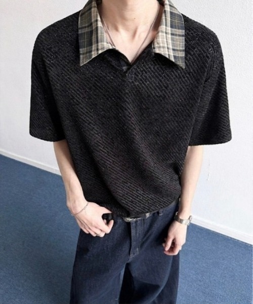 link lot(リンクロット)の「襟チェックカットベロアポロシャツ(ポロシャツ・メンズ・ホワイト/ブラック/グレー・M/L)」の5枚目の写真