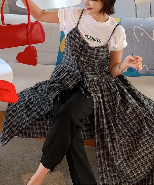 shopnikoniko(ショップニコニコ)の「ワンピース 夏 ロング丈 チェック柄 前後2WAY レイヤードキャミワンピース(ワンピース・レディース・ネイビー/レッド・フリー)」の3枚目の写真