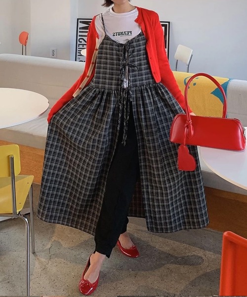 shopnikoniko(ショップニコニコ)の「ワンピース 夏 ロング丈 チェック柄 前後2WAY レイヤードキャミワンピース(ワンピース・レディース・ネイビー/レッド・フリー)」の4枚目の写真