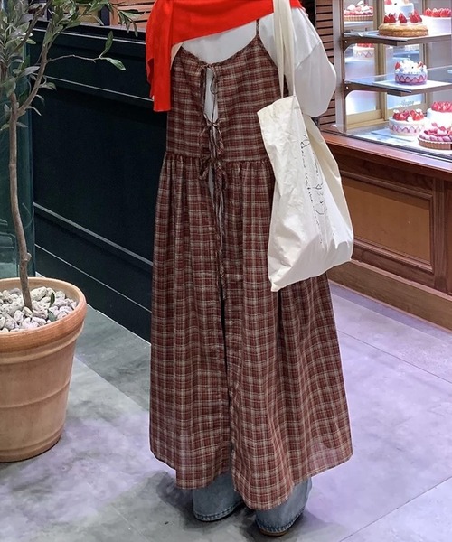shopnikoniko(ショップニコニコ)の「ワンピース 夏 ロング丈 チェック柄 前後2WAY レイヤードキャミワンピース(ワンピース・レディース・ネイビー/レッド・フリー)」の9枚目の写真