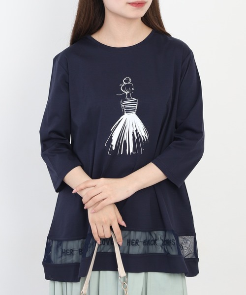 BRODIAEA（ブローディア）の「BRODIAEA イラストプリント裾メッシュ5分袖チュニック プレミアムコットン（Tシャツ/カットソー・レディース・ネイビー/グレー/オフホワイト/ピンク・40）」の3枚目の写真