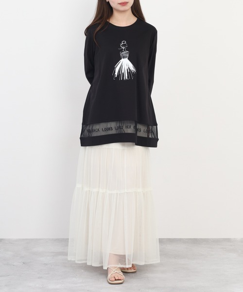 BRODIAEA（ブローディア）の「BRODIAEA イラストプリント裾メッシュ5分袖チュニック プレミアムコットン（Tシャツ/カットソー・レディース・ネイビー/グレー/オフホワイト/ピンク・40）」の5枚目の写真