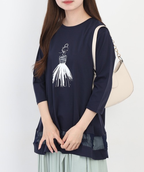 BRODIAEA（ブローディア）の「BRODIAEA イラストプリント裾メッシュ5分袖チュニック プレミアムコットン（Tシャツ/カットソー・レディース・ネイビー/グレー/オフホワイト/ピンク・40）」の14枚目の写真