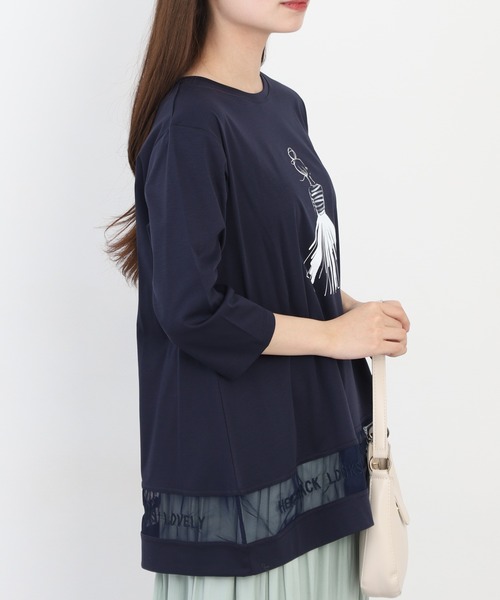 BRODIAEA（ブローディア）の「BRODIAEA イラストプリント裾メッシュ5分袖チュニック プレミアムコットン（Tシャツ/カットソー・レディース・ネイビー/グレー/オフホワイト/ピンク・40）」の15枚目の写真