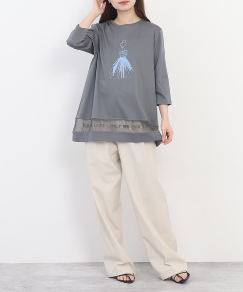 BRODIAEA（ブローディア）の「BRODIAEA イラストプリント裾メッシュ5分袖チュニック プレミアムコットン（Tシャツ/カットソー・レディース・ネイビー/グレー/オフホワイト/ピンク・40）」の11枚目の写真