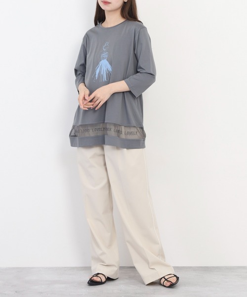 BRODIAEA（ブローディア）の「BRODIAEA イラストプリント裾メッシュ5分袖チュニック プレミアムコットン（Tシャツ/カットソー・レディース・ネイビー/グレー/オフホワイト/ピンク・40）」の12枚目の写真