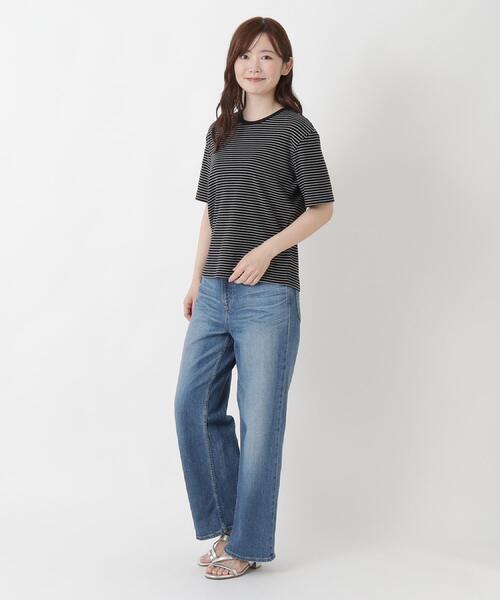 one'sterrace（ワンズテラス）の「クルーネック 半袖ボーダープルオーバー（Tシャツ/カットソー・レディース・ブラック系8/アイボリー系8・02）」の5枚目の写真
