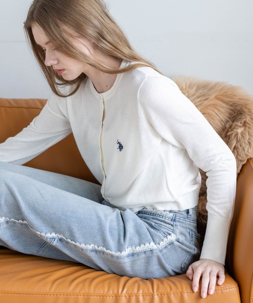 U.S. POLO ASSN.(ユーエスポロアッスン)の「【U.S. POLO ASSN.】clear 別注 シアーコンパクトカーディガン(カーディガン/ボレロ・レディース・ホワイト×ブラック/ブラック/オフホワイト・F)」の2枚目の写真