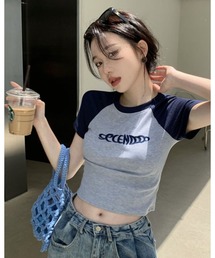 ラグラン ロゴ クロップド Tシャツ ショート丈 半袖 チビT 韓国ファッション Y2K レディース