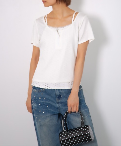 Nia(ニア)の「Nia(ニア)/ドットレイヤード風ヘンリーネックトップス(Tシャツ/カットソー・レディース・グレイッシュブルー/グレー/ホワイト・FREE)」の11枚目の写真