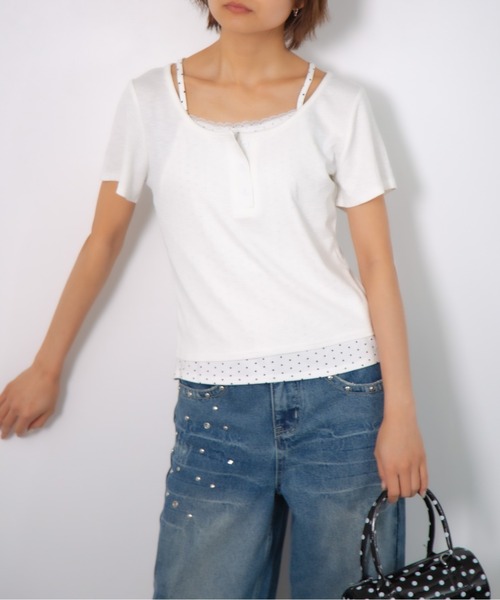 Nia(ニア)の「Nia(ニア)/ドットレイヤード風ヘンリーネックトップス(Tシャツ/カットソー・レディース・グレイッシュブルー/グレー/ホワイト・FREE)」の12枚目の写真