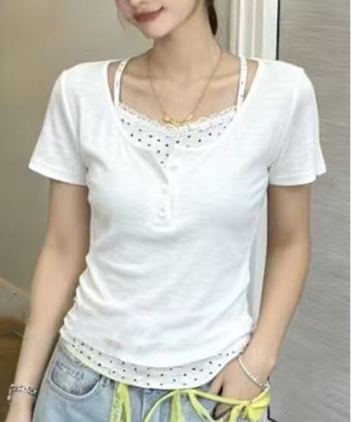 Nia(ニア)の「Nia(ニア)/ドットレイヤード風ヘンリーネックトップス(Tシャツ/カットソー・レディース・グレイッシュブルー/グレー/ホワイト・FREE)」の13枚目の写真