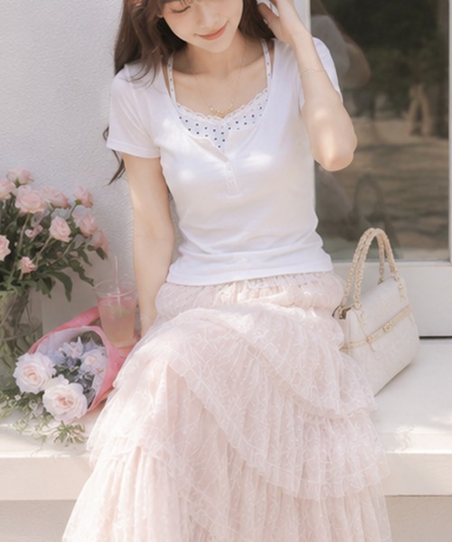 Nia(ニア)の「Nia(ニア)/ドットレイヤード風ヘンリーネックトップス(Tシャツ/カットソー・レディース・グレイッシュブルー/グレー/ホワイト・FREE)」の5枚目の写真