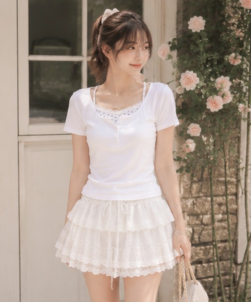 Nia(ニア)の「Nia(ニア)/ドットレイヤード風ヘンリーネックトップス(Tシャツ/カットソー・レディース・グレイッシュブルー/グレー/ホワイト・FREE)」の6枚目の写真