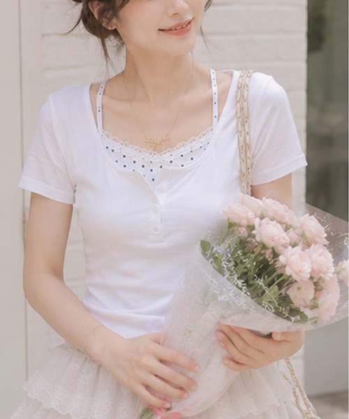 Nia(ニア)の「Nia(ニア)/ドットレイヤード風ヘンリーネックトップス(Tシャツ/カットソー・レディース・グレイッシュブルー/グレー/ホワイト・FREE)」の8枚目の写真