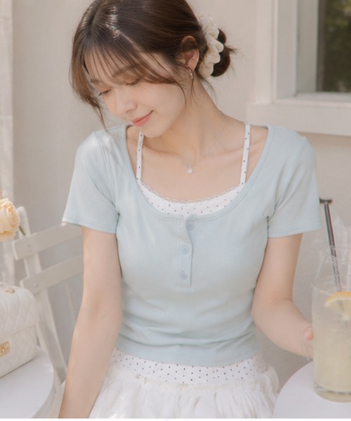 Nia(ニア)の「Nia(ニア)/ドットレイヤード風ヘンリーネックトップス(Tシャツ/カットソー・レディース・グレイッシュブルー/グレー/ホワイト・FREE)」の14枚目の写真