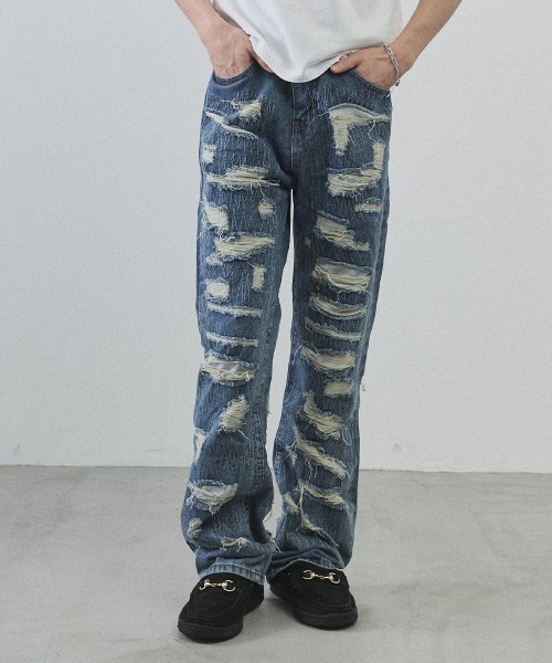 Shoowtime(ショウタイム)の「Vintage Wash Patchwork Straight Denim Pants / ヴィンテージウォッシュ パッチワークストレートデニムパンツ(デニムパンツ・メンズ・ライトブルー・LARGE/MEDIUM/X-LARGE)」の2枚目の写真