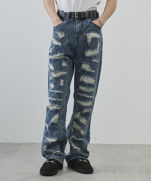 Shoowtime(ショウタイム)の「Vintage Wash Patchwork Straight Denim Pants / ヴィンテージウォッシュ パッチワークストレートデニムパンツ(デニムパンツ・メンズ・ライトブルー・LARGE/MEDIUM/X-LARGE)」の3枚目の写真