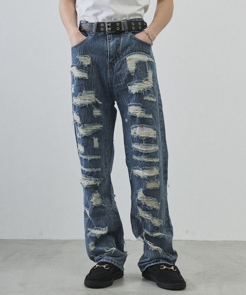 Shoowtime(ショウタイム)の「Vintage Wash Patchwork Straight Denim Pants / ヴィンテージウォッシュ パッチワークストレートデニムパンツ(デニムパンツ・メンズ・ライトブルー・LARGE/MEDIUM/X-LARGE)」の4枚目の写真