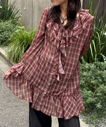 ラッフル付け襟チェックシアーチュニックブラウス