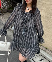 ラッフル付け襟チェックシアーチュニックブラウス