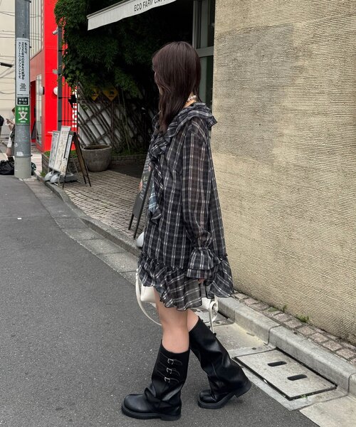 CIAOPANIC（チャオパニック）の「ラッフル付け襟チェックシアーチュニックブラウス（シャツ/ブラウス・レディース・ネイビー/ブラック/レッド・ONE SIZE）」の11枚目の写真
