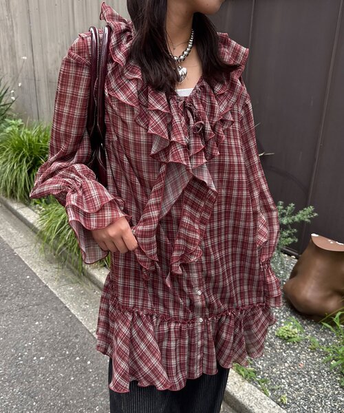 CIAOPANIC（チャオパニック）の「ラッフル付け襟チェックシアーチュニックブラウス（シャツ/ブラウス・レディース・ネイビー/ブラック/レッド・ONE SIZE）」の21枚目の写真